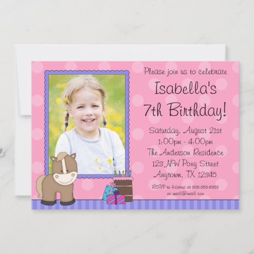 Tan Horse Pink Polka Dots Photo Birthday Party Custom Invites