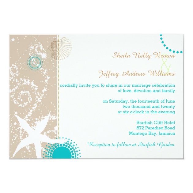 Tan Ivory Teal Modern Beach Wedding Invitation