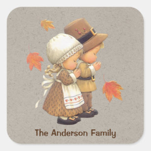 Tan Kraft Pilgrims Personalized Thanksgiving  Square Sticker