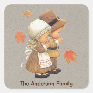 Tan Kraft Pilgrims Personalized Thanksgiving Square Sticker