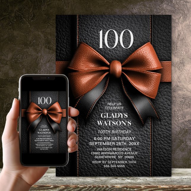 Tan Leather Bow 100th Birthday Party Invitation (Creator Uploaded)