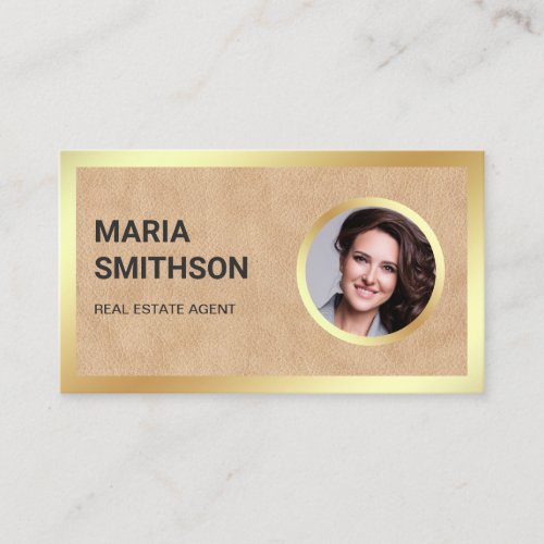 Tan Leather Gold Foil Photo Real Estate Agent Business Card