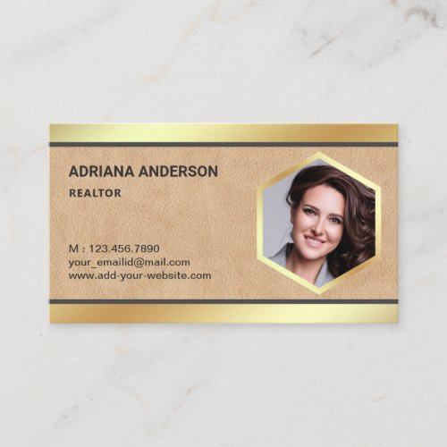 Tan Leather Gold Foil Real Estate Photo Realtor Business Card