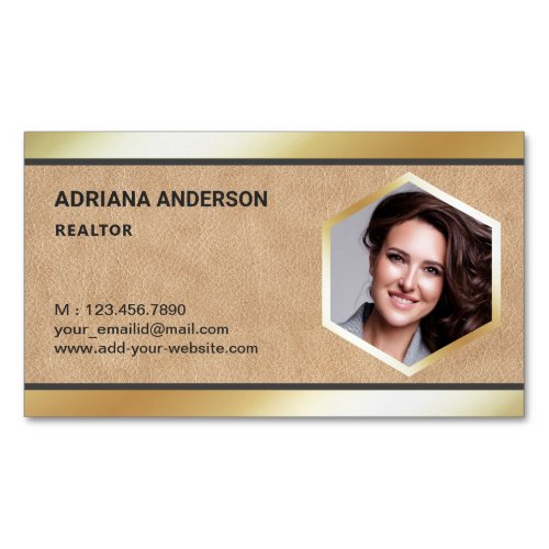 Tan Leather Gold Foil Real Estate Photo Realtor Business Card Magnet