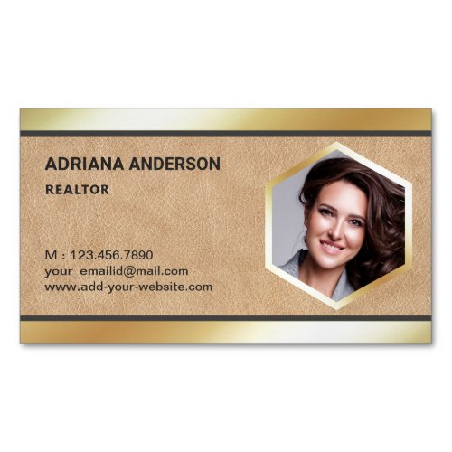 Tan Leather Gold Foil Real Estate Photo Realtor Business Card Magnet