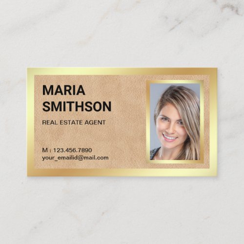 Tan Leather Gold Foil Real Estate Realtor Photo Business Card