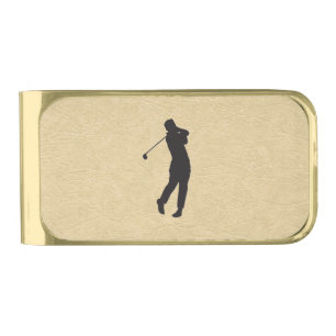 Tan Leather Golf Design Gold Finish Money Clip