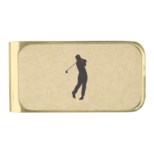 Tan Leather Golf Design Gold Finish Money Clip