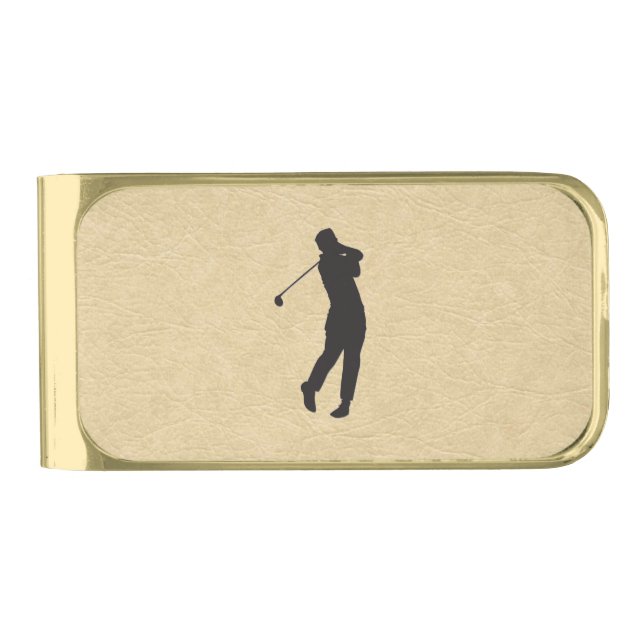 Tan Leather Golf Design Gold Finish Money Clip (Front)