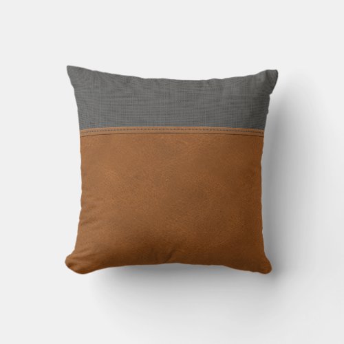 Tan Leather Gray Linen Look Chic Minimal Farmhouse Throw Pillow
