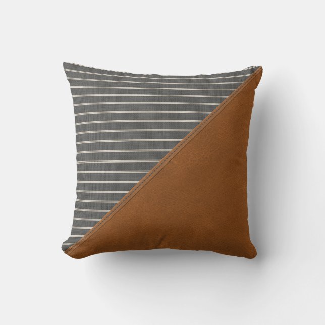Tan Leather Gray Striped Linen Triangle Farmhouse Throw Pillow (Front)
