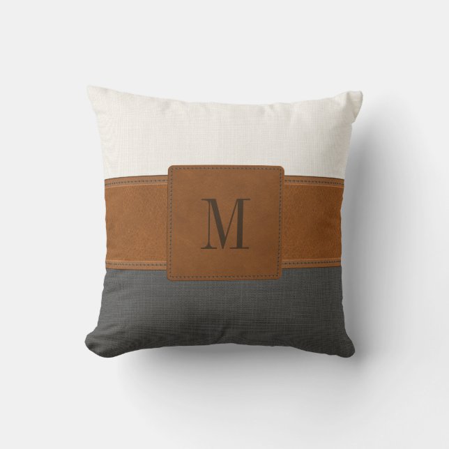 Tan Leather Gray White Linen Farmhouse Monogram Throw Pillow (Front)