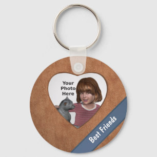 Tan Leather Look Heart Frame: Add a Photo and Text Keychain