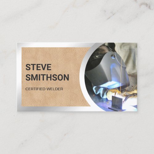 Tan Leather Steel Welding Fabricator Welder Business Card