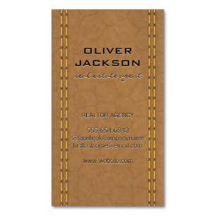 Tan Leather Stitched Seems Business Card Magnet