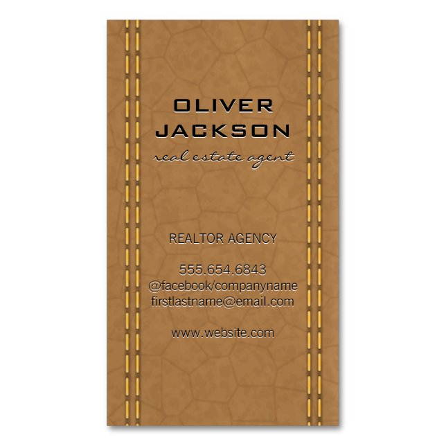 Tan Leather Stitched Seems Business Card Magnet (Front Vertical)