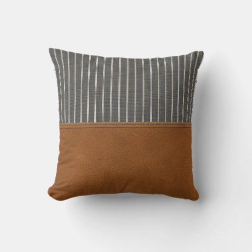 Tan Leather Striped Gray Linen Minimal Farmhouse Throw Pillow