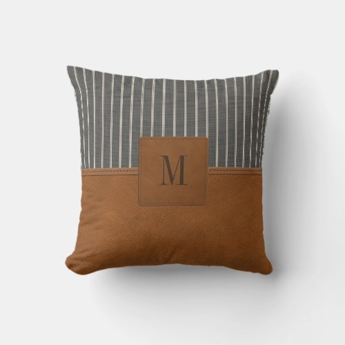 Tan Leather Striped Gray Linen Monogram Farmhouse Throw Pillow