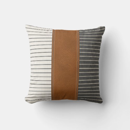 Tan Leather Striped Linen Minimal Farmhouse  Throw Pillow