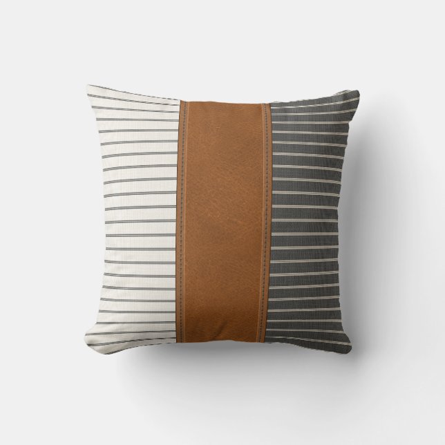 Tan Leather Striped Linen Minimal Farmhouse  Throw Pillow (Front)