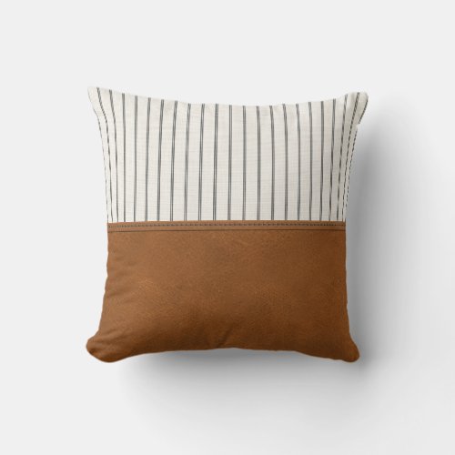 Tan Leather Striped White Linen Minimal Farmhouse Throw Pillow