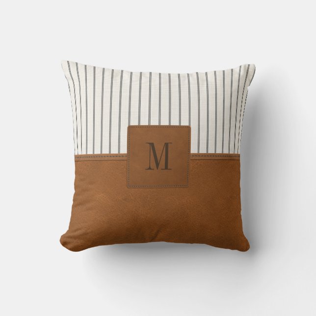 Tan Leather Striped White Linen Monogram Farmhouse Throw Pillow (Front)