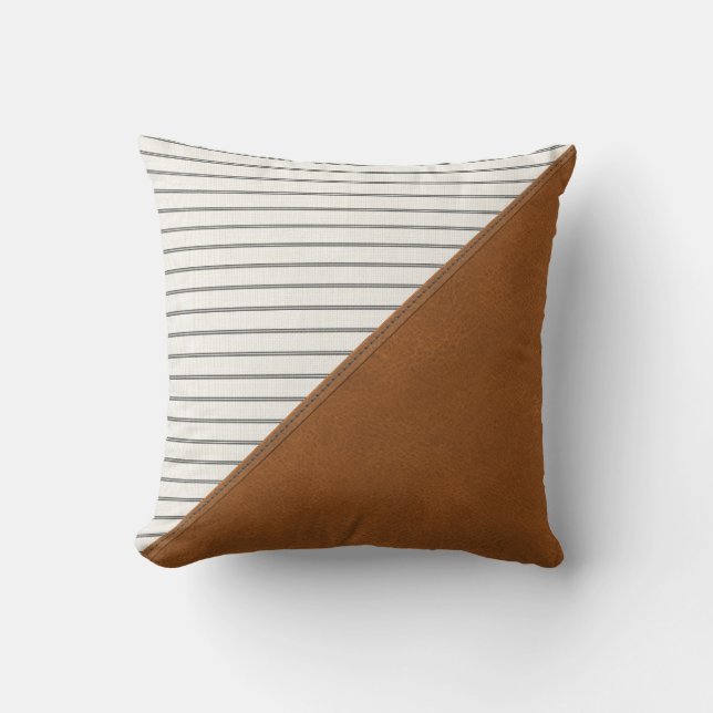 Tan Leather White Striped Linen Triangle Farmhouse Throw Pillow (Front)