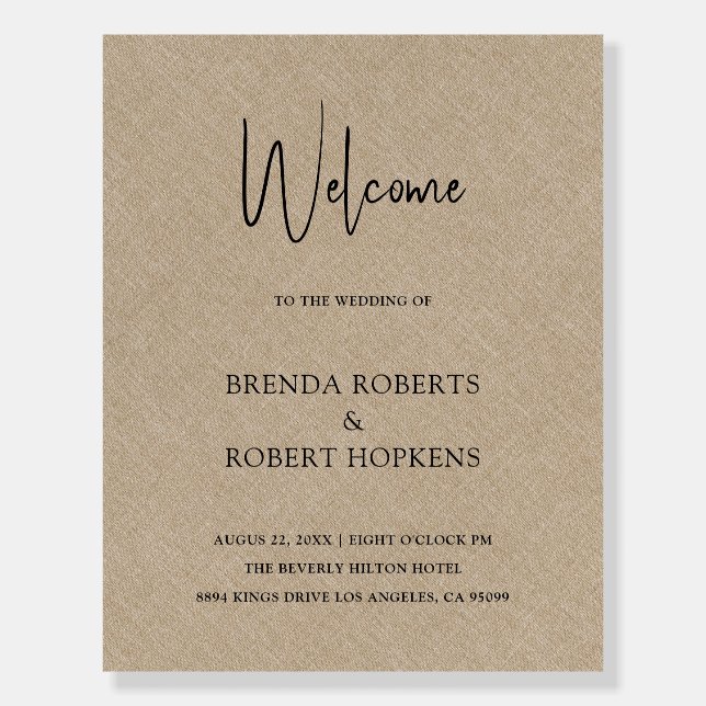 Tan Linen Simple Black Script Wedding Foam Board (Front)