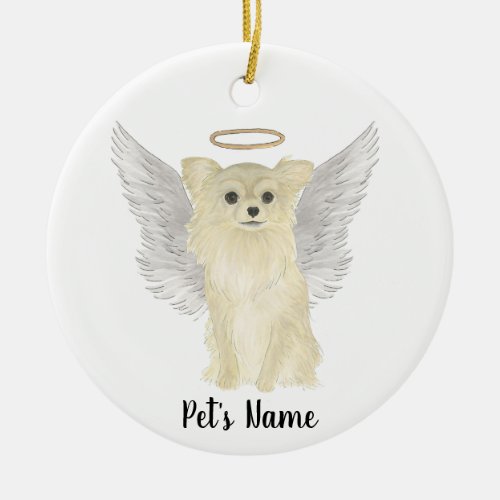 Tan Long Haired Chihuahua Sympathy Memorial Ceramic Ornament