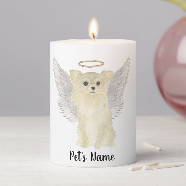 Tan Long Haired Chihuahua Sympathy Memorial Pillar Candle (In Situ)