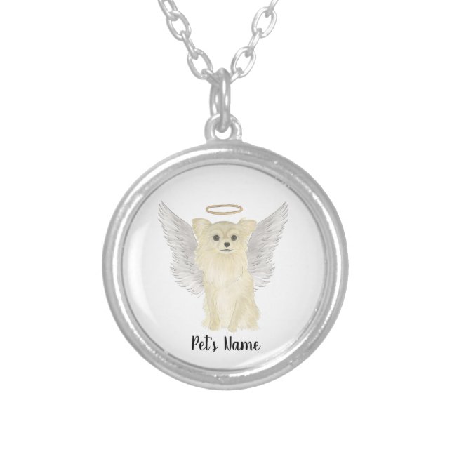 Tan Long Haired Chihuahua Sympathy Memorial Silver Plated Necklace (Front)