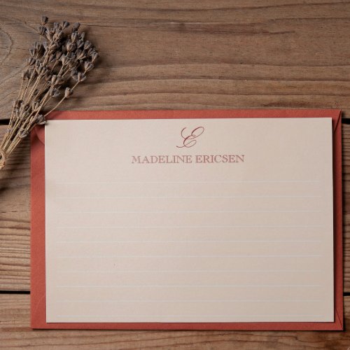 Tan  Maroon Monogram Lined Note Card