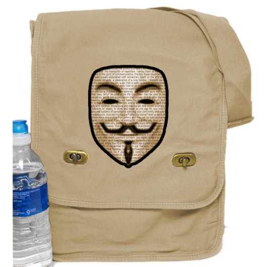 Tan Messenger Bag w/ Anonymous Vendetta Print (Front w/Anon)