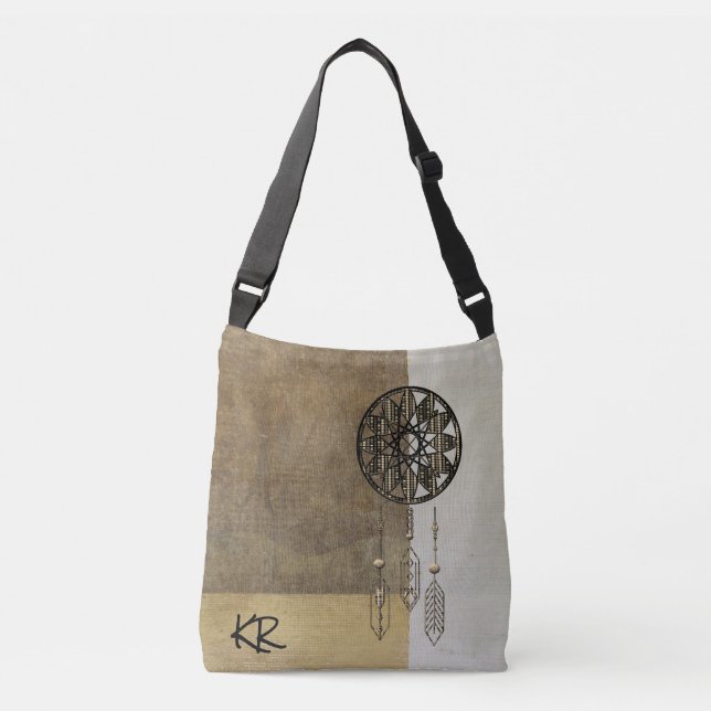 Tan Minimalist Monogrammed Tote Bag w/Dreamcatcher (Front)