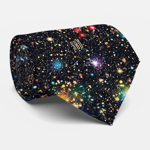 Tan Monogram Colorful Cosmic Star Cluster Neck Tie
