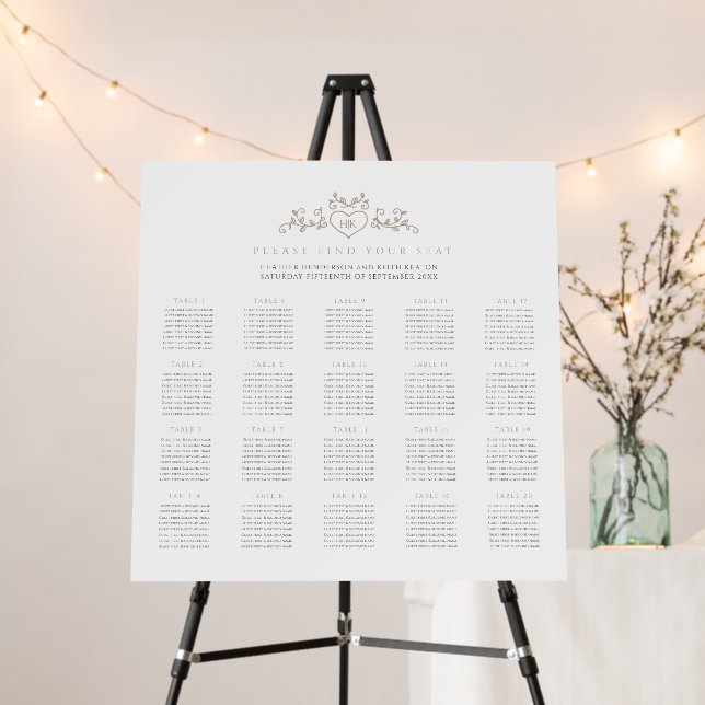 Tan monogram leaf wedding 20 table seating chart foam board (In Situ (Stand))