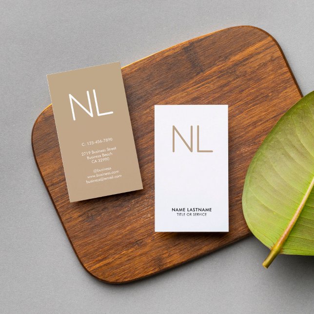 Tan Monogram Minimalistic Modern White Vertical Business Card (Taupe white stylish modern vertical monogram both side print business card cover photo)