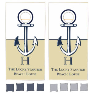 Tan Navy Blue Anchor Coastal Monogram Cornhole Set