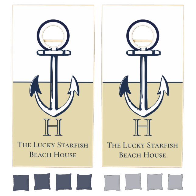 Tan Navy Blue Anchor Coastal Monogram Cornhole Set (Set)