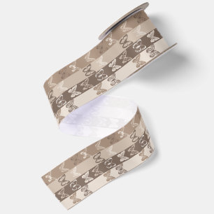Tan Neutral Earth Butterfly Stripes Design  Satin Ribbon