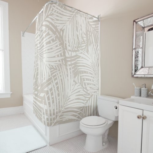 Tan Off_White Neutral Palm Leaf Pattern Tropical Shower Curtain