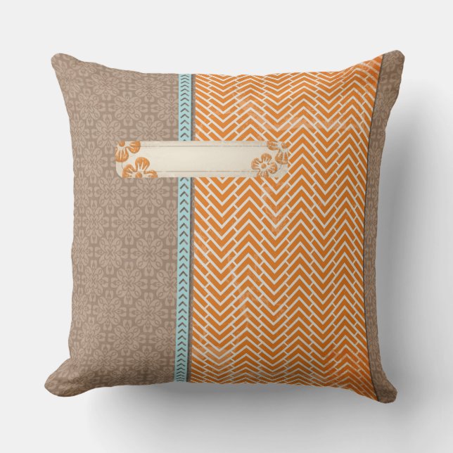Tan, Orange and Blue Throw Pillow (Front)