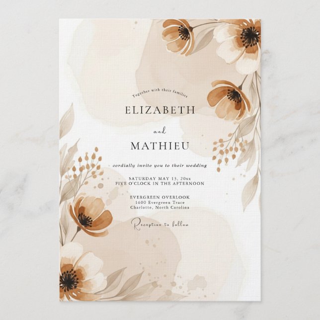 Tan Painterly Flourish Wedding Invitation (Front)