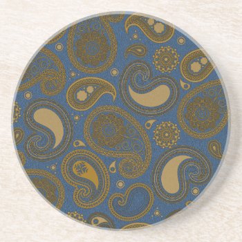 Tan Paisley Pattern On Blue Fabric Coaster by sumwoman at Zazzle