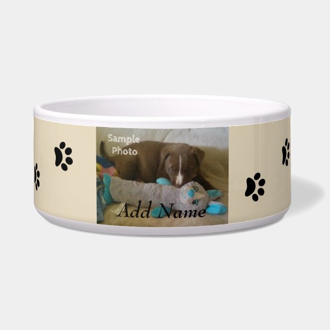 Tan Paw Prints Personalized Add photo Pet Bowls (Front)
