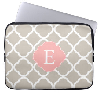 Tan Peach Pink Quatrefoil Monogram Laptop Sleeve
