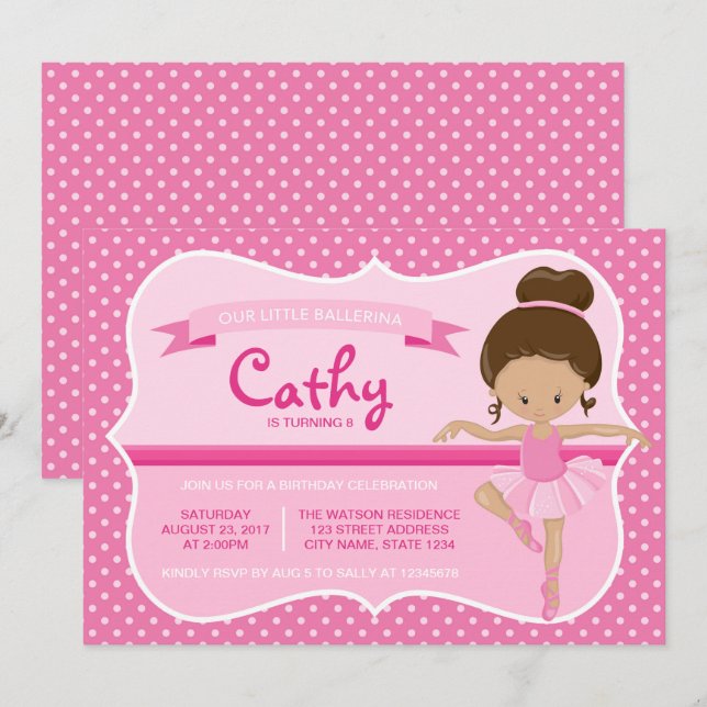 Tan Pink Ballerina Birthday Invitation (Front/Back)