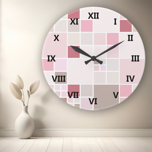 Tan Pink Checkered Wall Clock (Modern wall clock featuring a checkered pattern in pastel peach, blush pink and sandy brown)