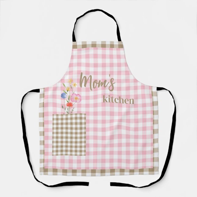 Tan & Pink Gingham Wildflower Mom's Kitchen Apron (Front)