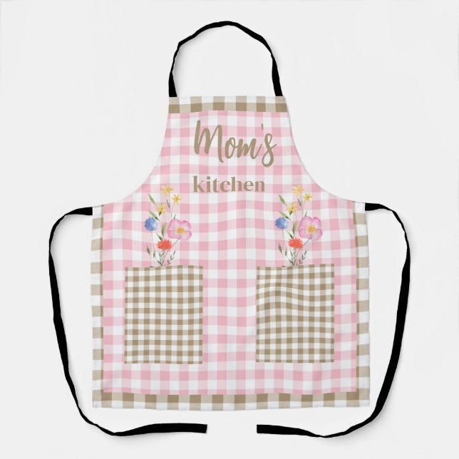 Tan & Pink Gingham Wildflower Mom's Kitchen II Apron (Front)